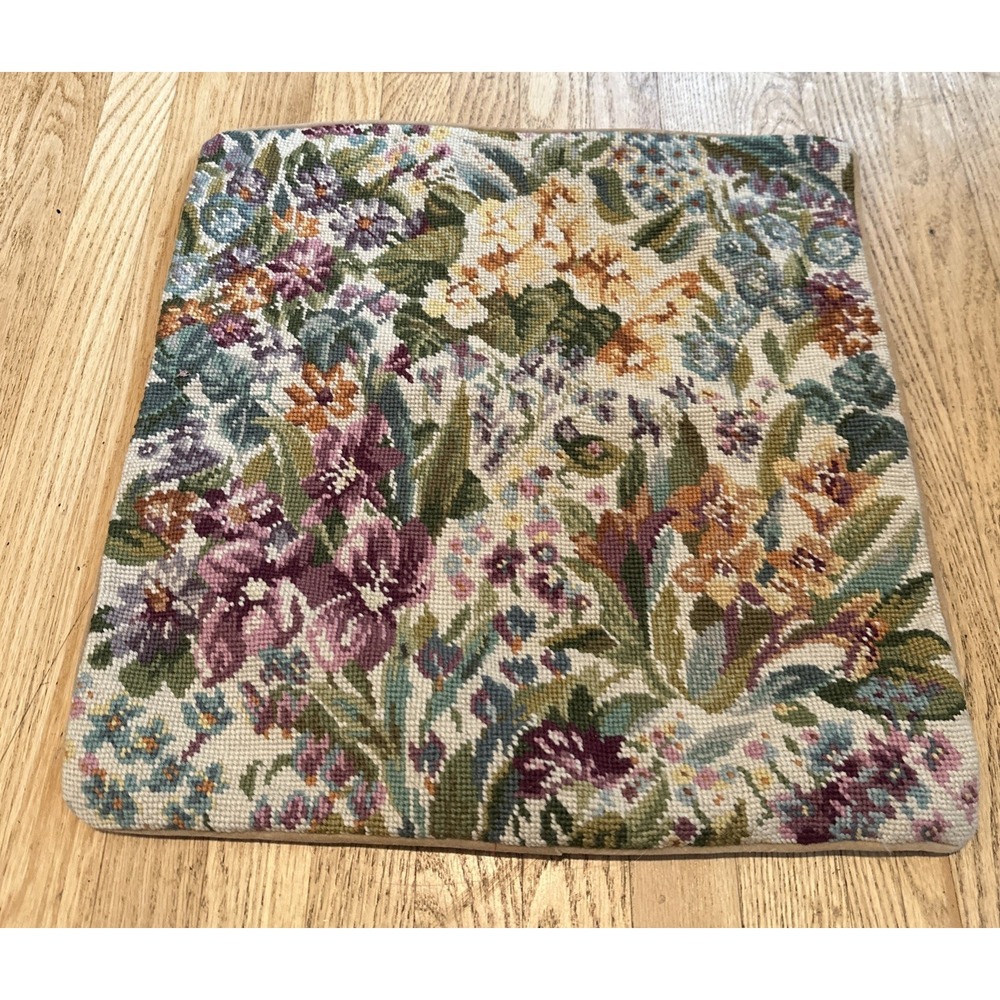 Vtg Floral Needlepoint Throw Pillow Cover Wool Front Velvet Back 17 X 17 Purple